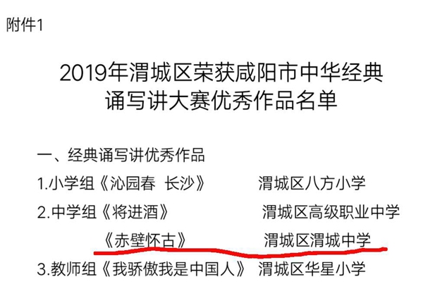 喜報(bào)‖渭城中學(xué)學(xué)生參演的《赤壁懷古》被評(píng)為2019年咸陽(yáng)市中華經(jīng)典誦寫(xiě)講大賽優(yōu)秀作品